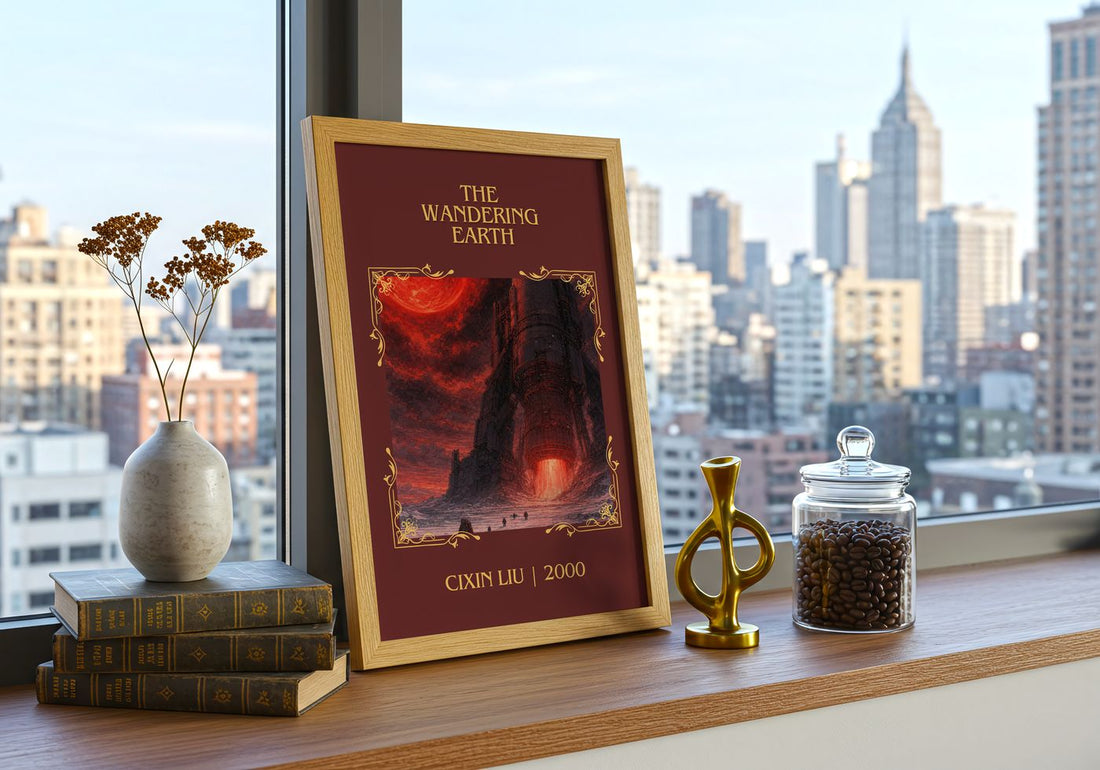 The Wandering Earth Classic Book Art Print by Cixin Liu – framed print on a city-view windowsill