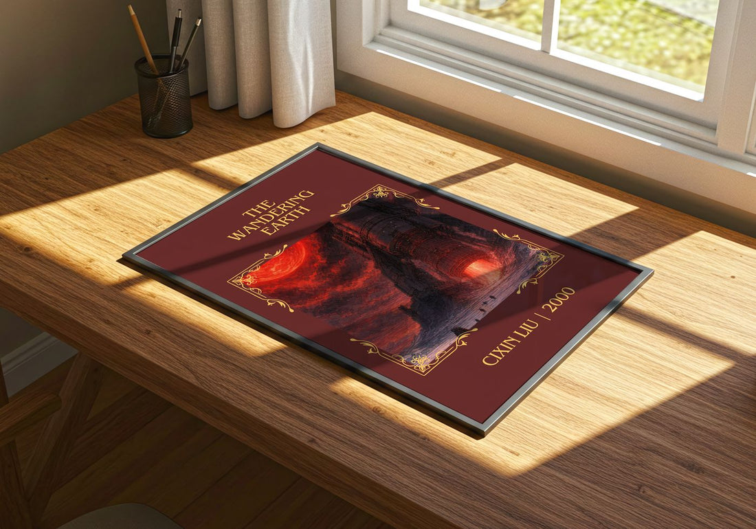 The Wandering Earth Classic Book Art Print by Cixin Liu – print on a sunlit desk