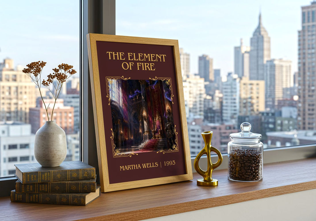 The Element of Fire Classic Book Art Print by Martha Wells – framed print on a city-view windowsill