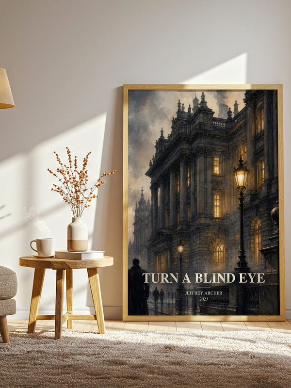 Turn A Blind Eye watercolour print in frame leaning in hallway – crime wall art