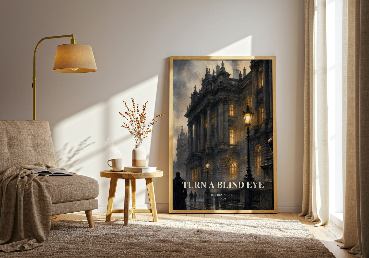 Turn A Blind Eye watercolour print in frame leaning in hallway – crime wall art