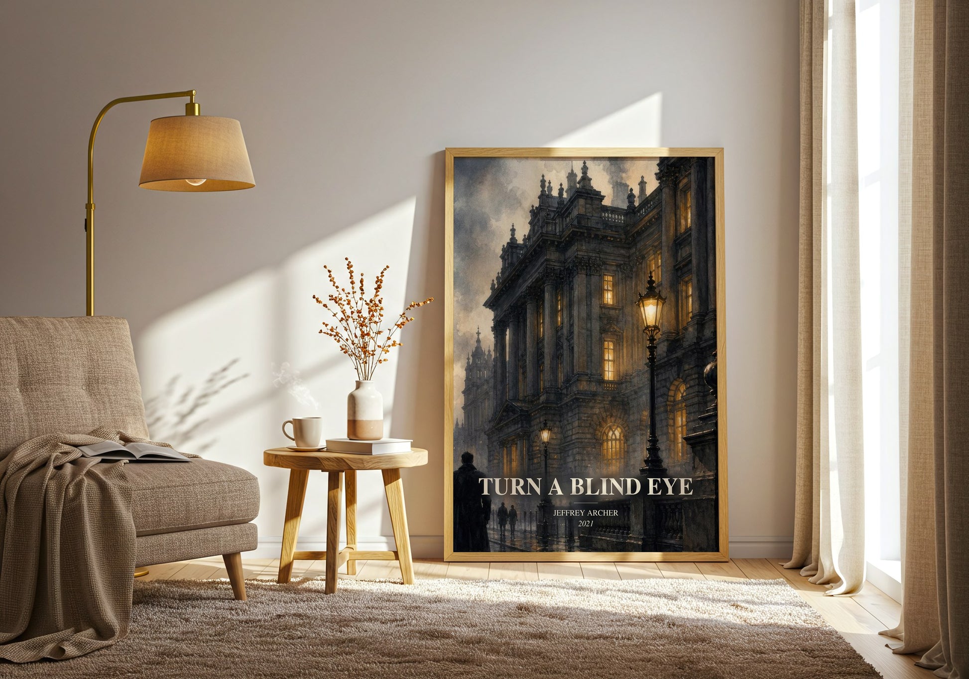 Turn A Blind Eye watercolour print in frame leaning in hallway – crime wall art