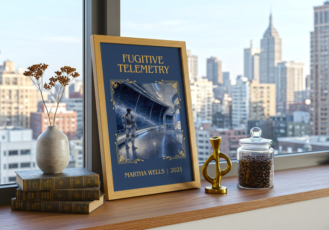 Fugitive Telemetry Classic Book Art Print by Martha Wells – framed print on a city-view windowsill