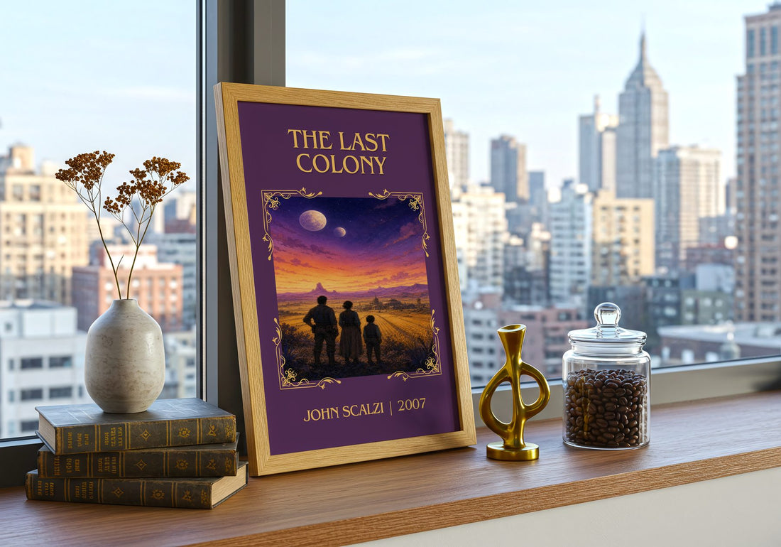 The Last Colony Classic Book Art Print by John Scalzi – framed print on a city-view windowsill