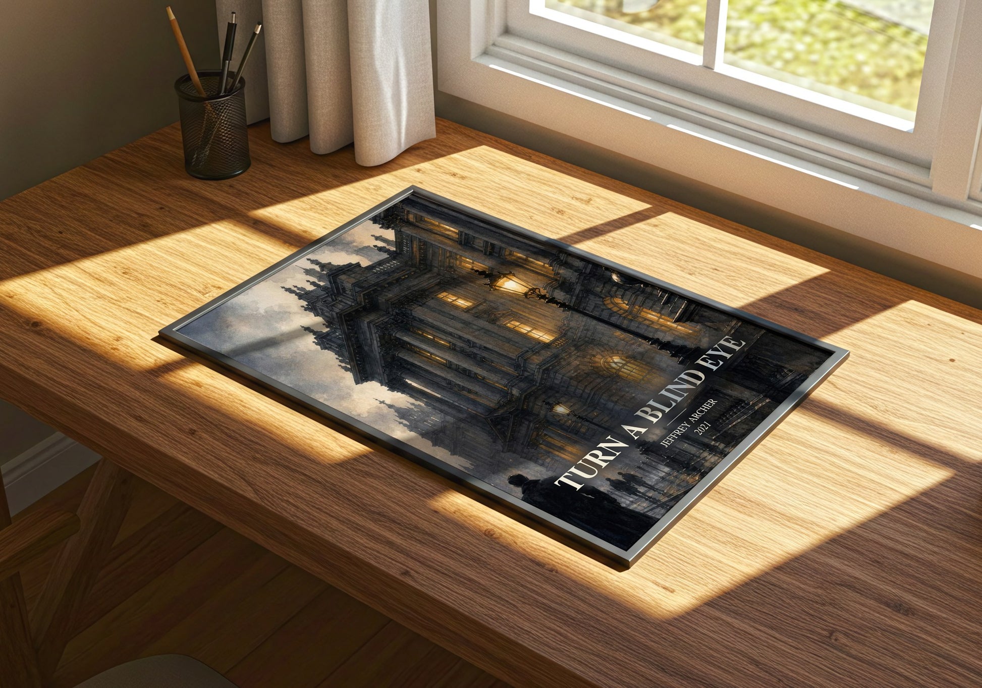 Turn A Blind Eye watercolour book poster framed on wall – crime wall art