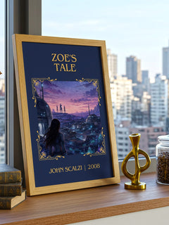 Zoe's Tale Classic Book Art Print by John Scalzi – framed print on a city-view windowsill