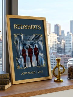 Redshirts Classic Book Art Print by John Scalzi – framed print on a city-view windowsill