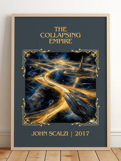The Collapsing Empire Classic Book Art Print by John Scalzi – framed print leaning on a wooden floor