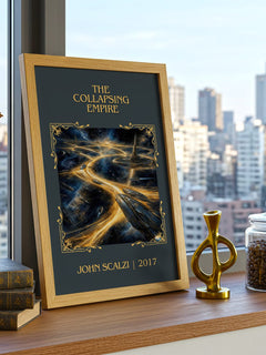 The Collapsing Empire Classic Book Art Print by John Scalzi – framed print on a city-view windowsill