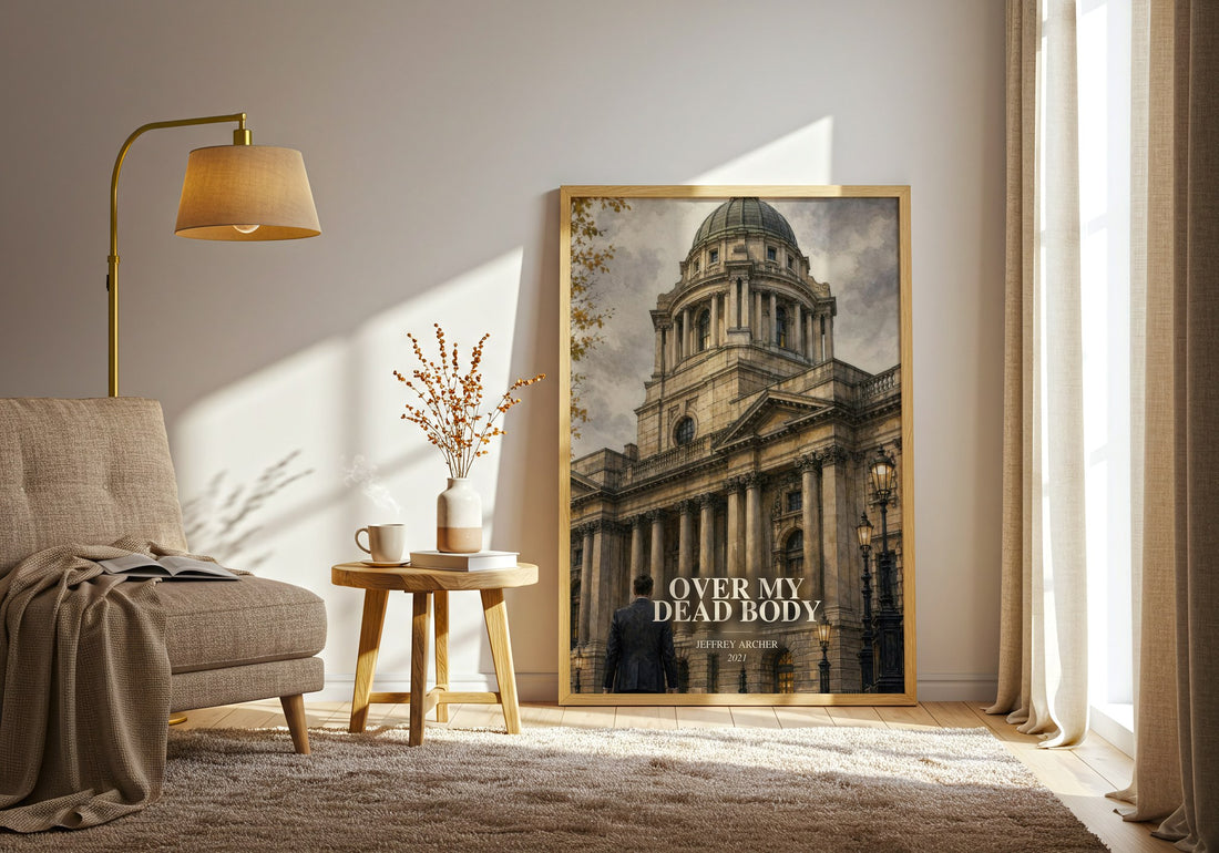 Over My Dead Body watercolour print in frame leaning in hallway – thriller wall art (mockup)