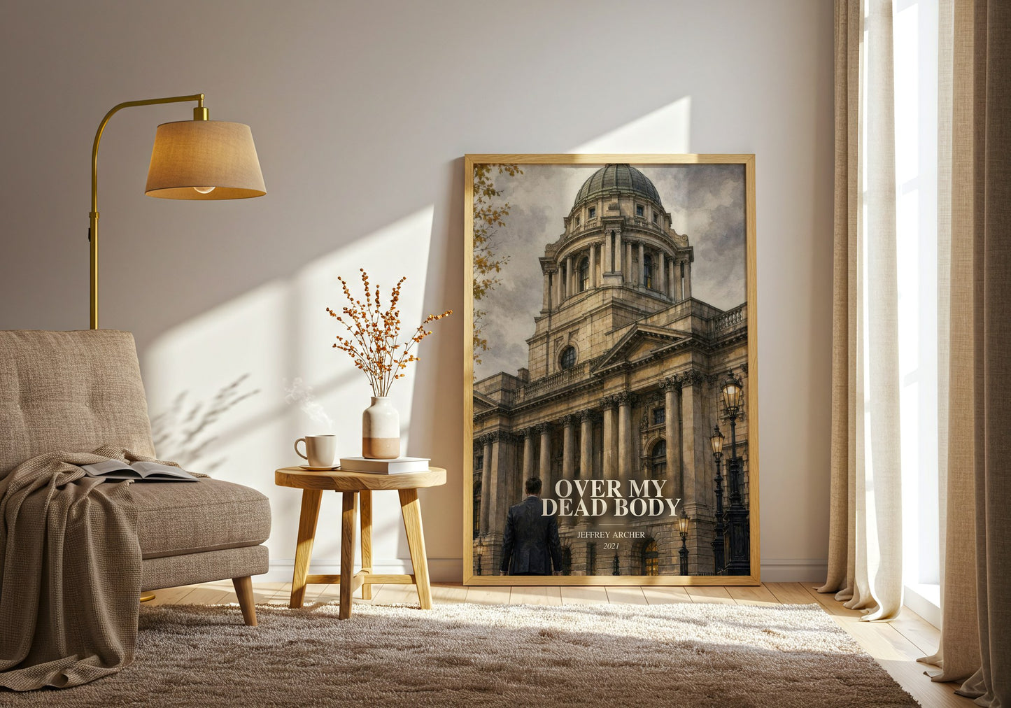 Over My Dead Body watercolour print in frame leaning in hallway – thriller wall art