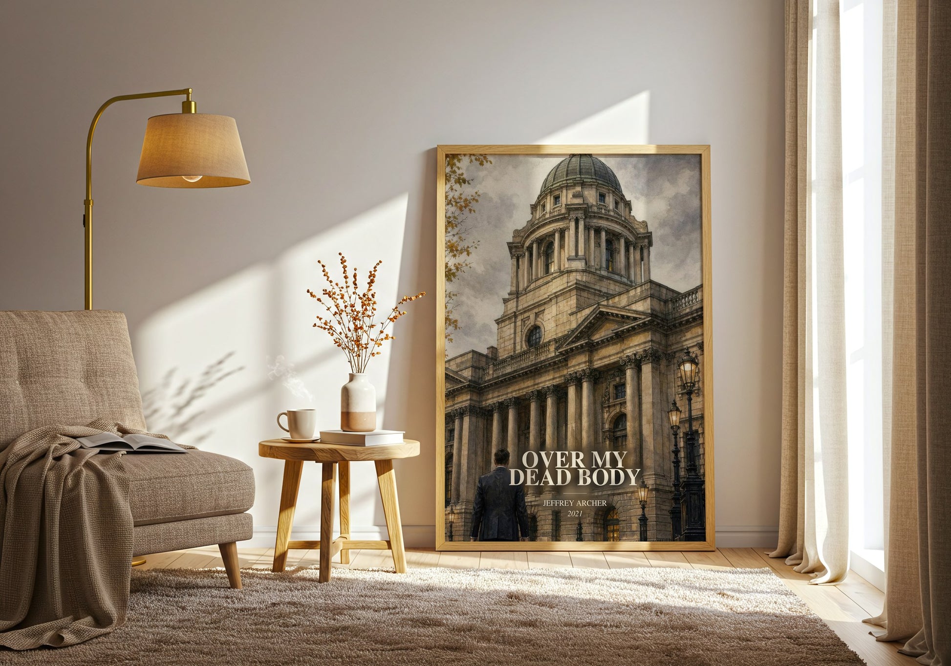 Over My Dead Body watercolour print in frame leaning in hallway – thriller wall art