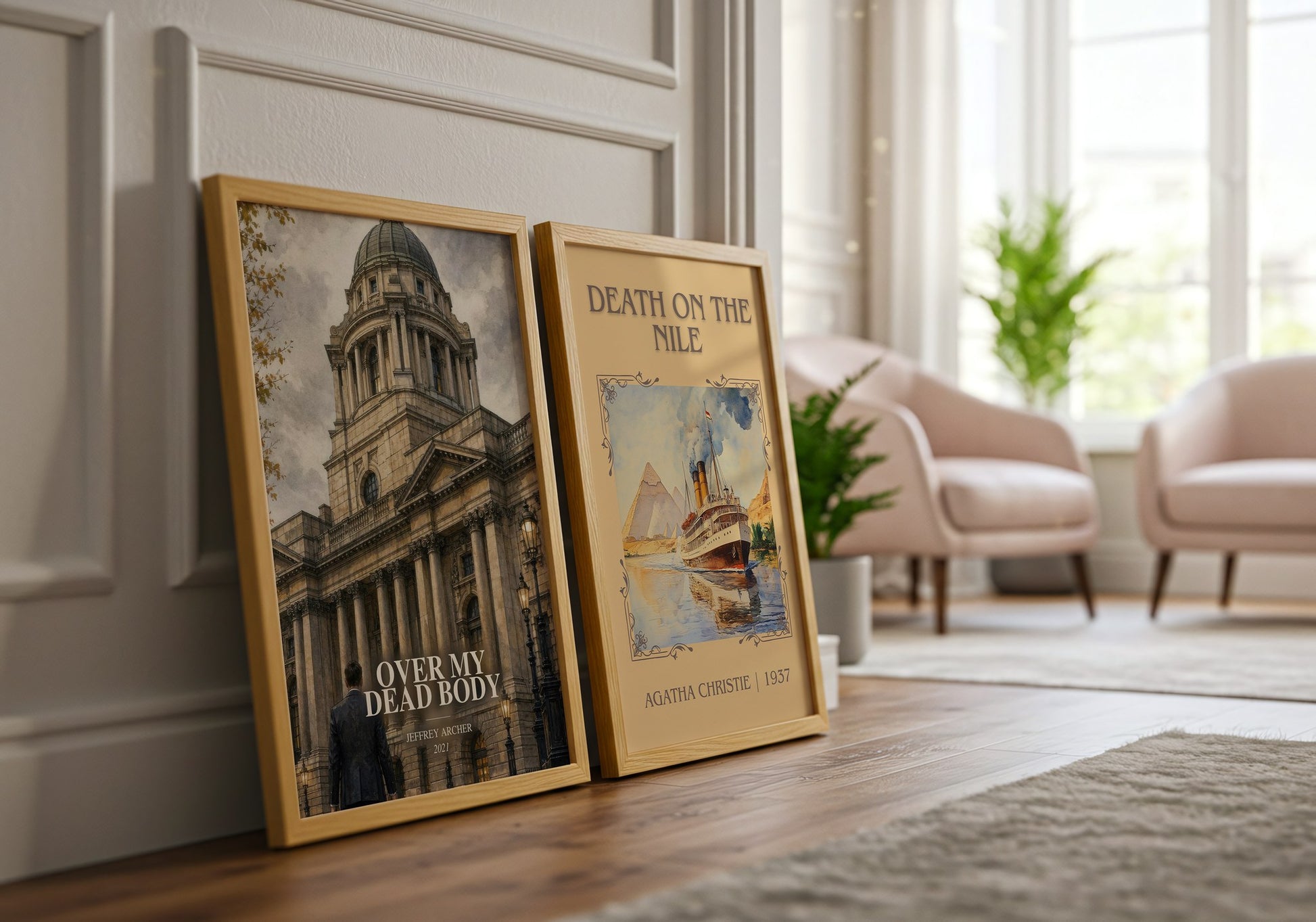 Over My Dead Body watercolour print framed by window – literary home decor