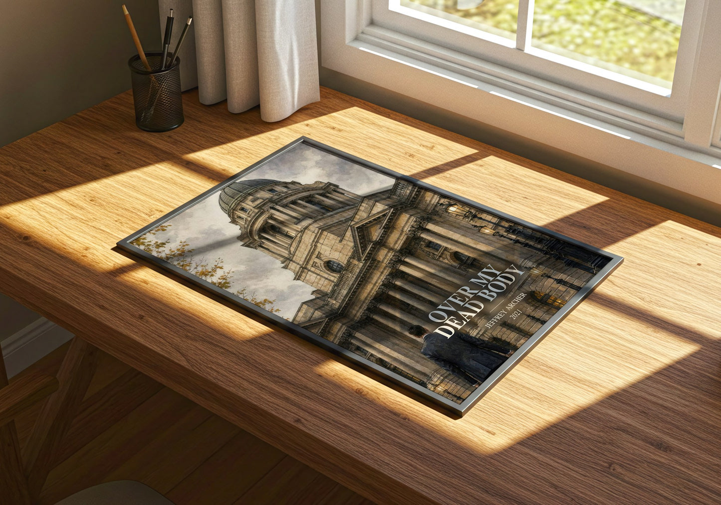 Over My Dead Body watercolour book poster framed on wall – thriller wall art