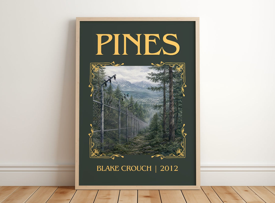 Pines Classic Book Art Print by Blake Crouch – framed print leaning on a wooden floor