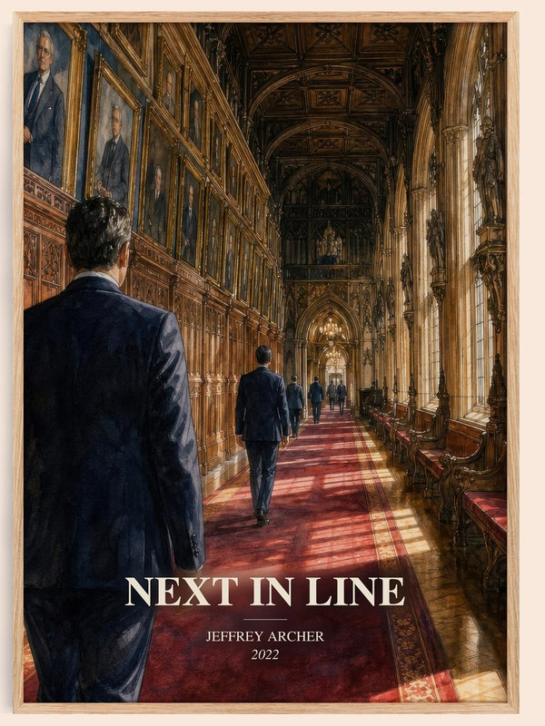 Next In Line watercolour book poster by Jeffrey Archer – framed literary art print