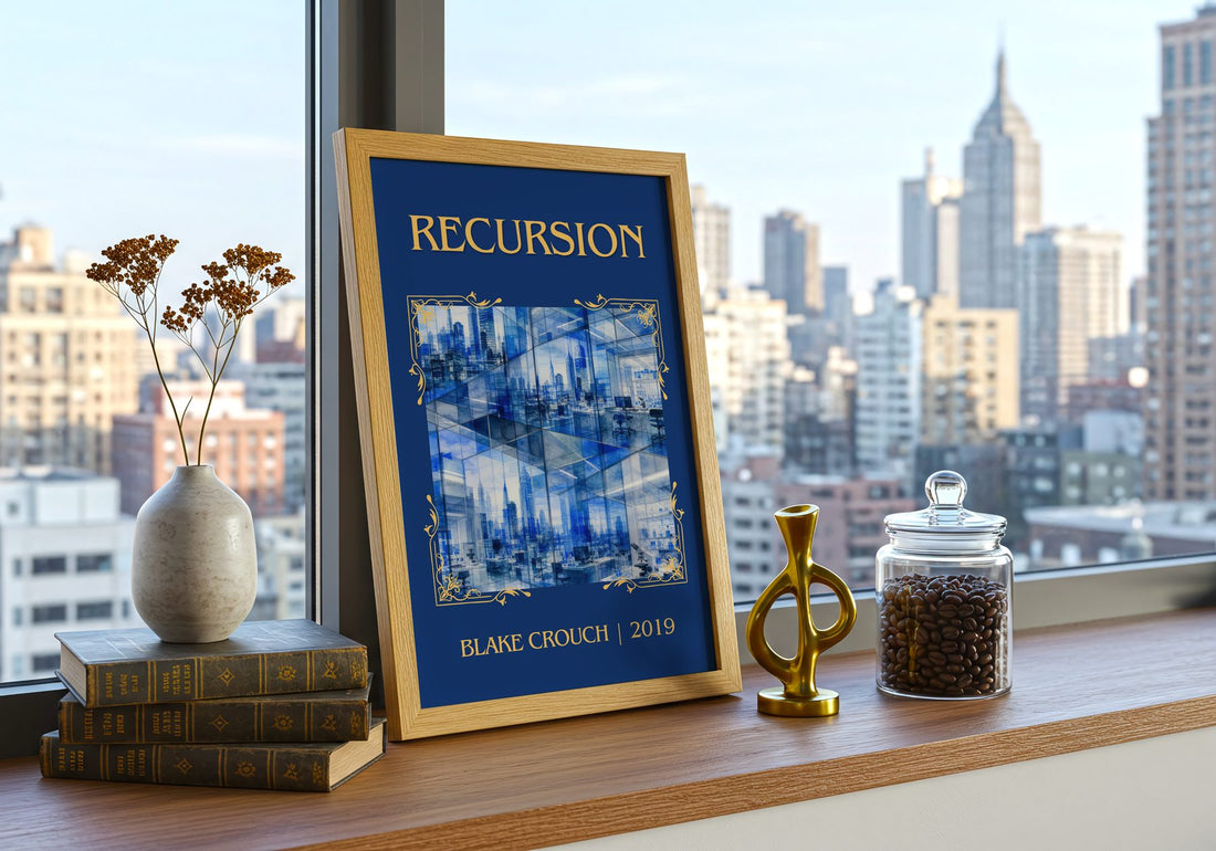 Recursion Classic Book Art Print by Blake Crouch – framed print on a city-view windowsill