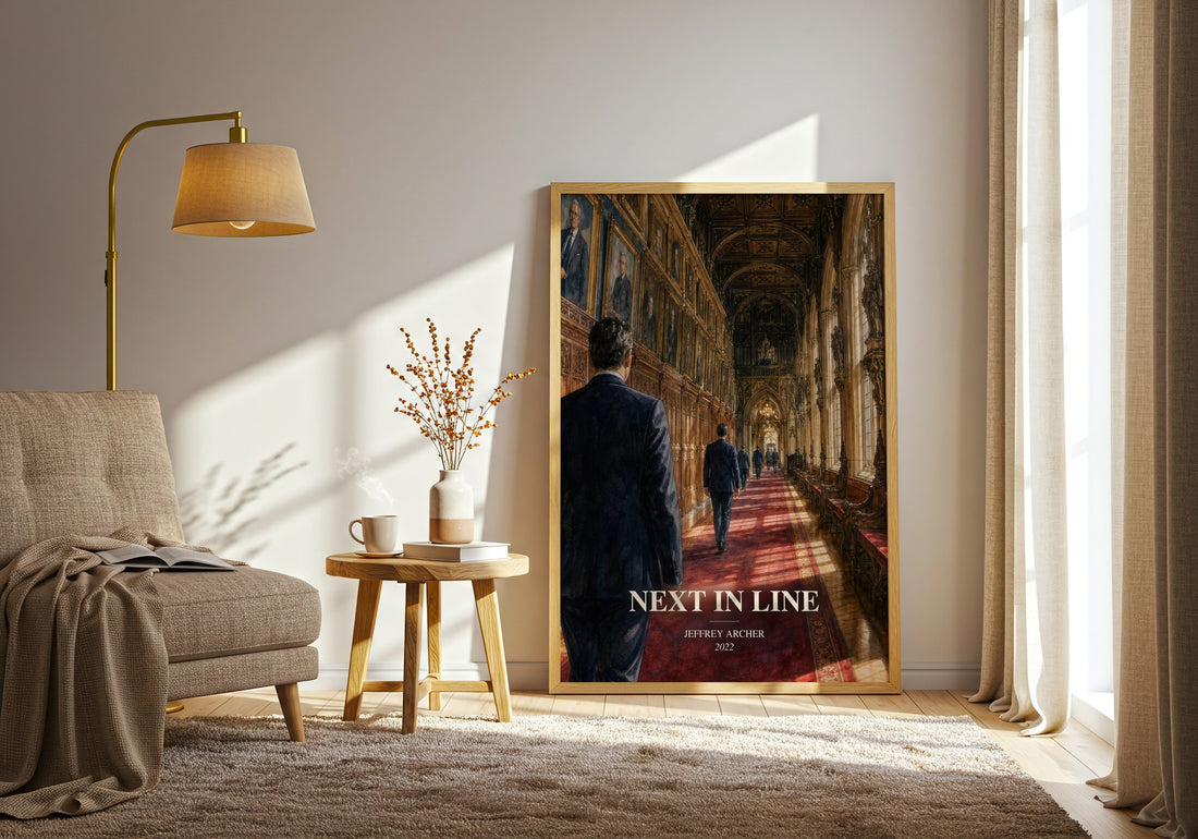 Next In Line watercolour print in frame leaning in hallway – thriller wall art (mockup)