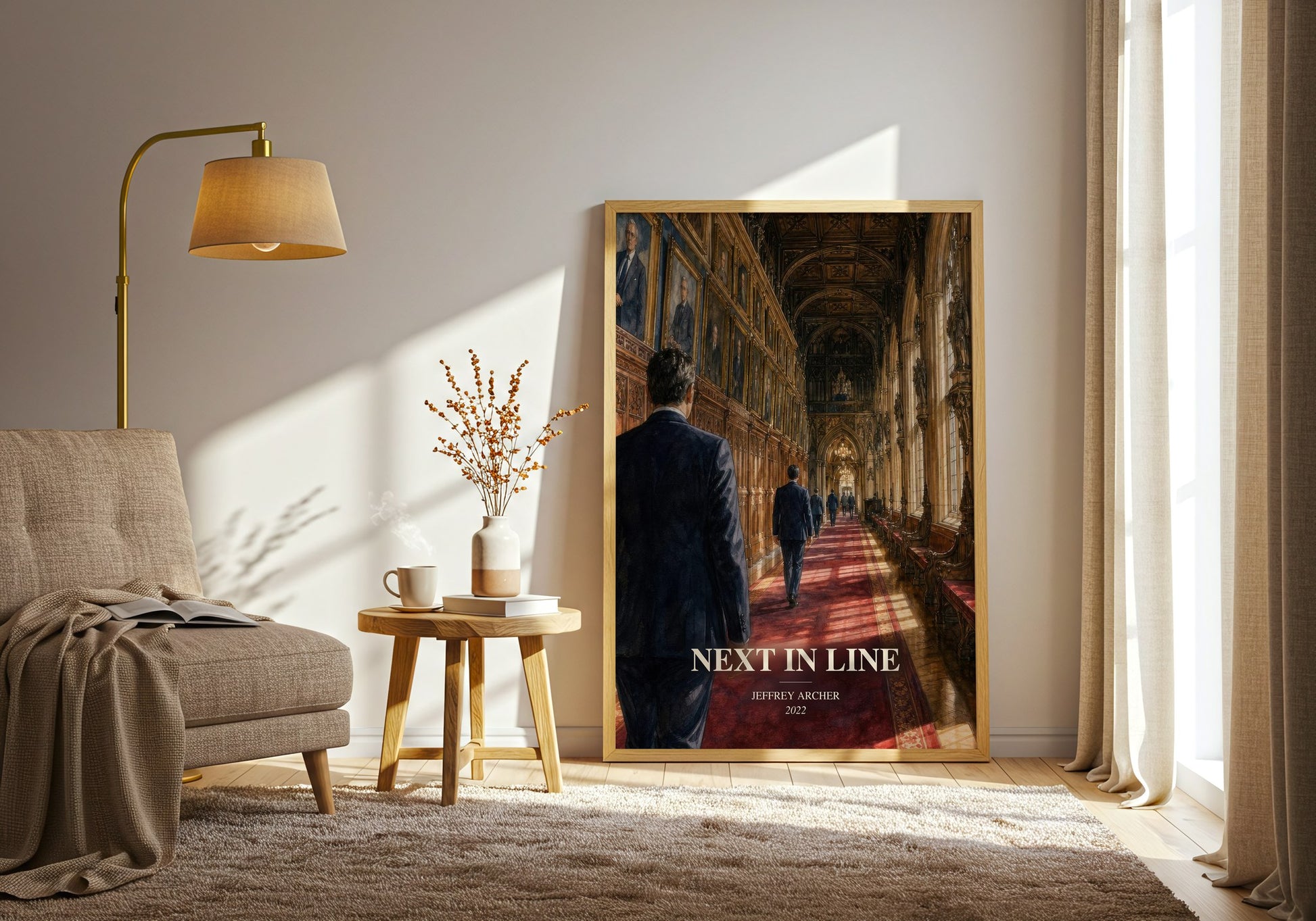 Next In Line watercolour print in frame leaning in hallway – thriller wall art