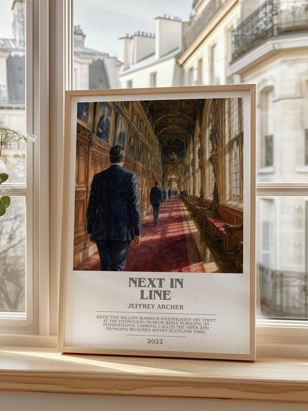 Next In Line Bookish Wall Art by Jeffrey Archer – framed print by a bright window