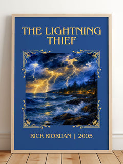 The Lightning Thief Classic Book Art Print by Rick Riordan – framed print leaning on a wooden floor