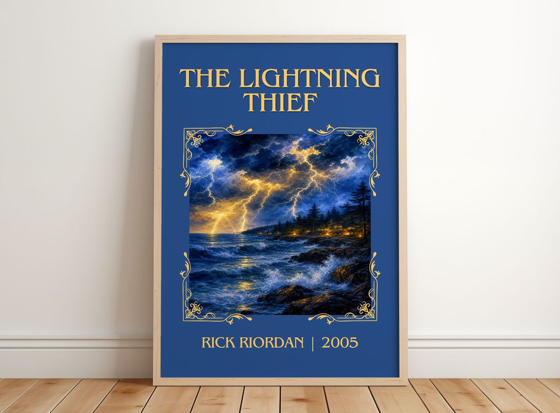 The Lightning Thief Classic Book Art Print by Rick Riordan – framed print leaning on a wooden floor