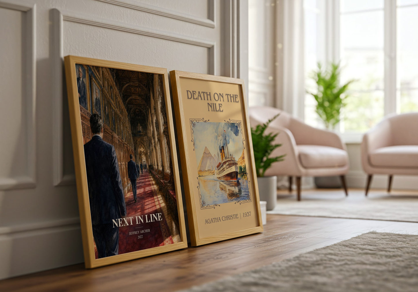 Next In Line watercolour print framed by window – literary home decor