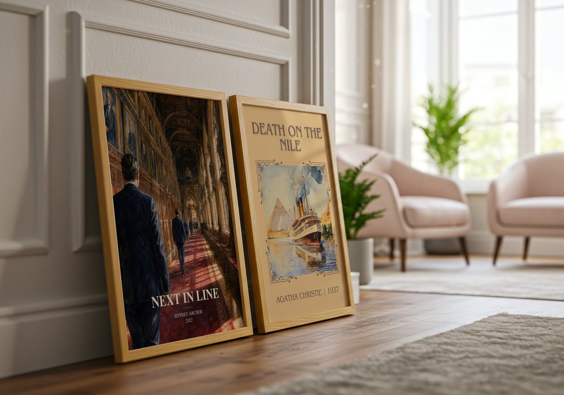 Next In Line watercolour print framed by window – literary home decor