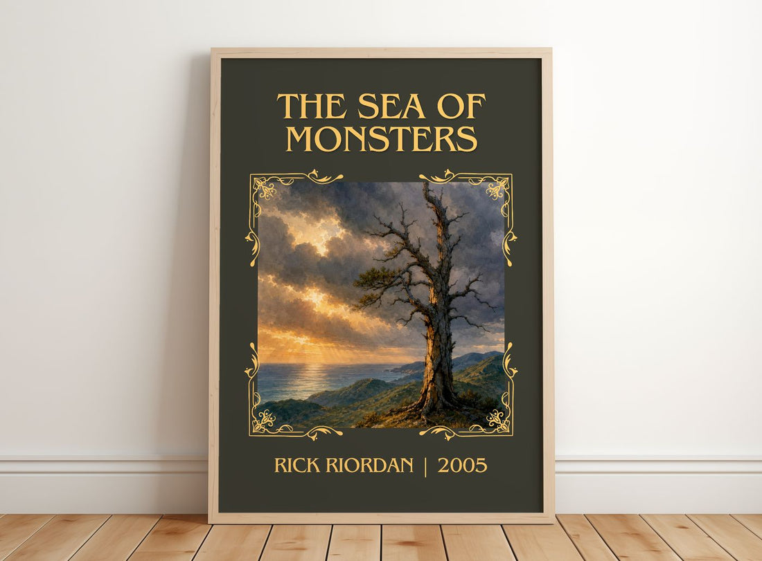 The Sea of Monsters Classic Book Art Print by Rick Riordan – framed print leaning on a wooden floor