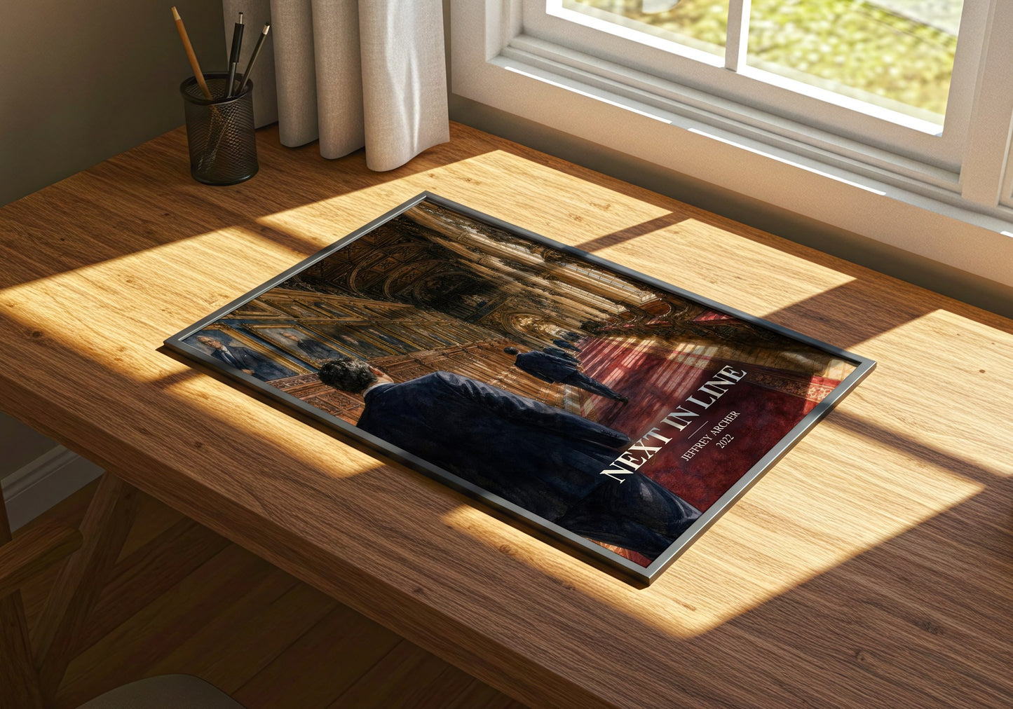 Next In Line watercolour book poster framed on wall – thriller wall art