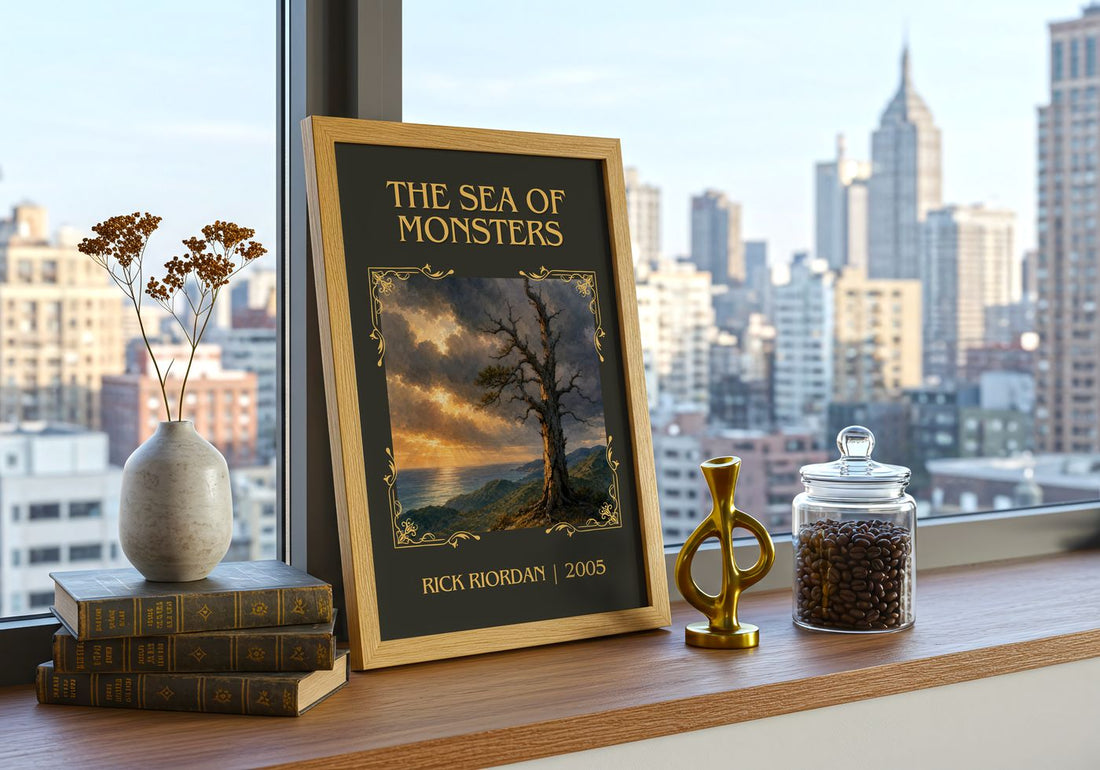 The Sea of Monsters Classic Book Art Print by Rick Riordan – framed print on a city-view windowsill