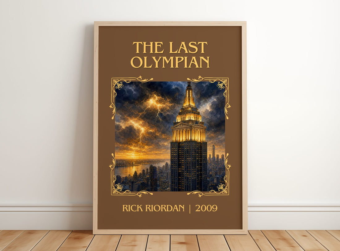 The Last Olympian Classic Book Art Print by Rick Riordan – framed print leaning on a wooden floor