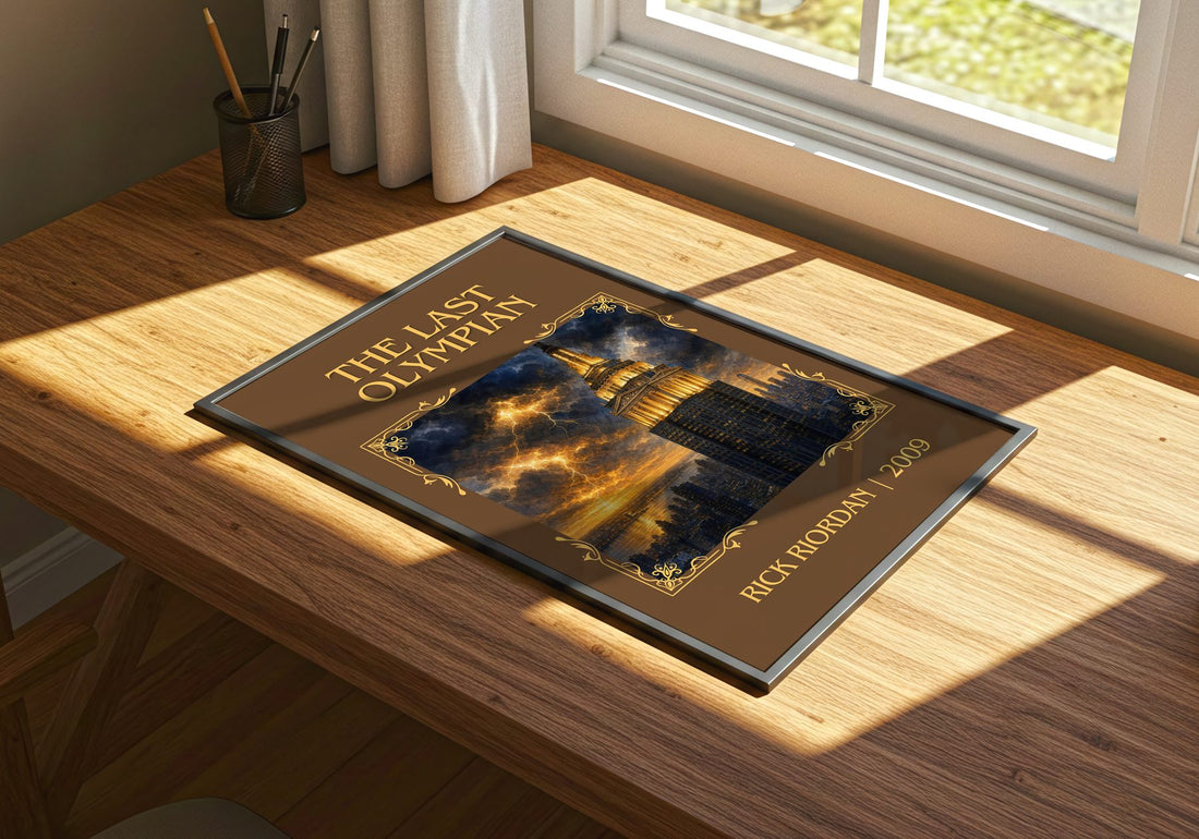 The Last Olympian Classic Book Art Print by Rick Riordan – print on a sunlit desk