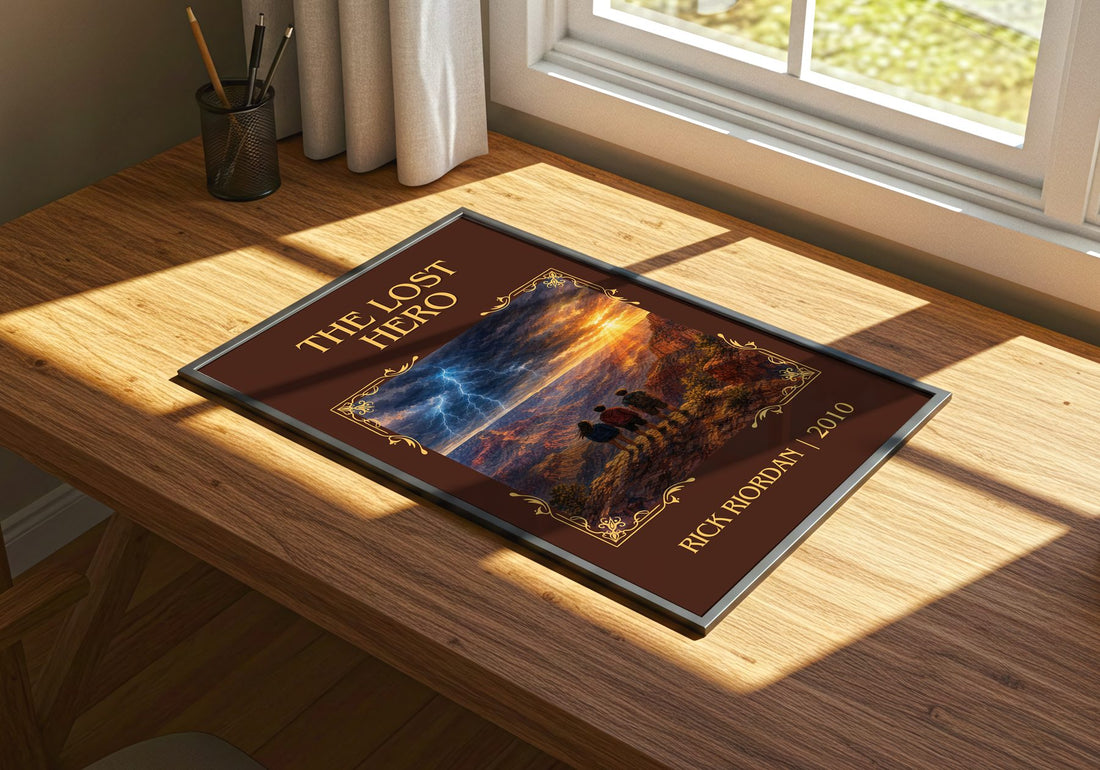 The Lost Hero Classic Book Art Print by Rick Riordan – print on a sunlit desk