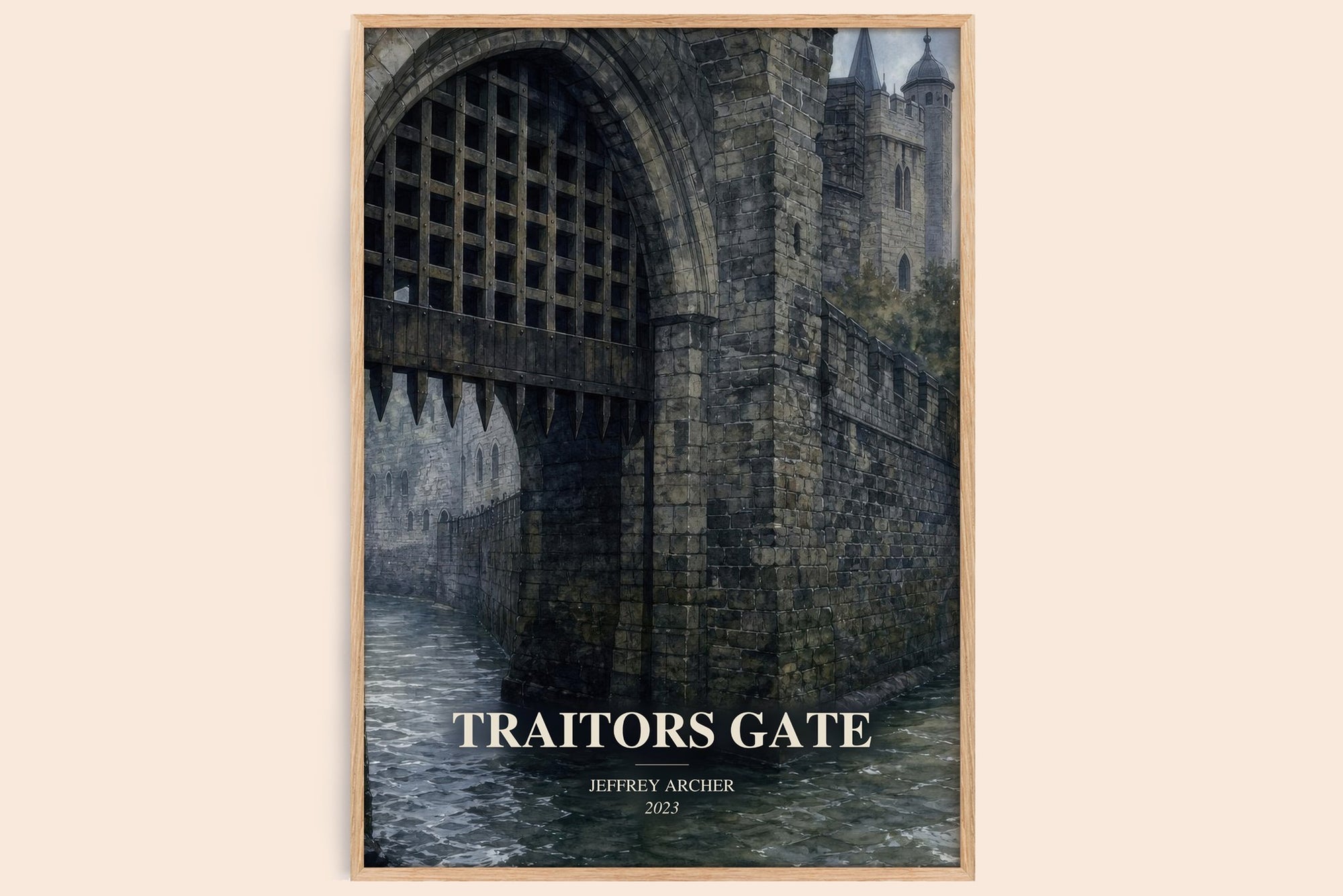 Traitors Gate watercolour book poster by Jeffrey Archer – framed literary art print
