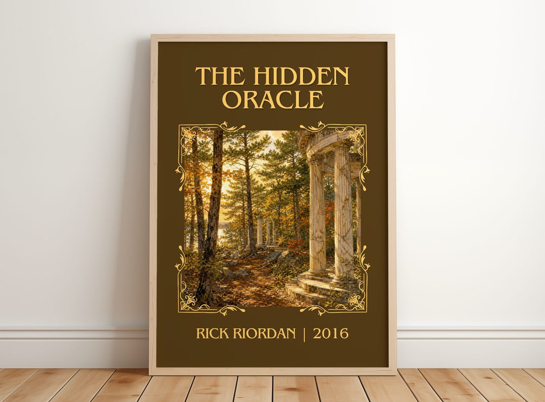 The Hidden Oracle Classic Book Art Print by Rick Riordan – framed print leaning on a wooden floor