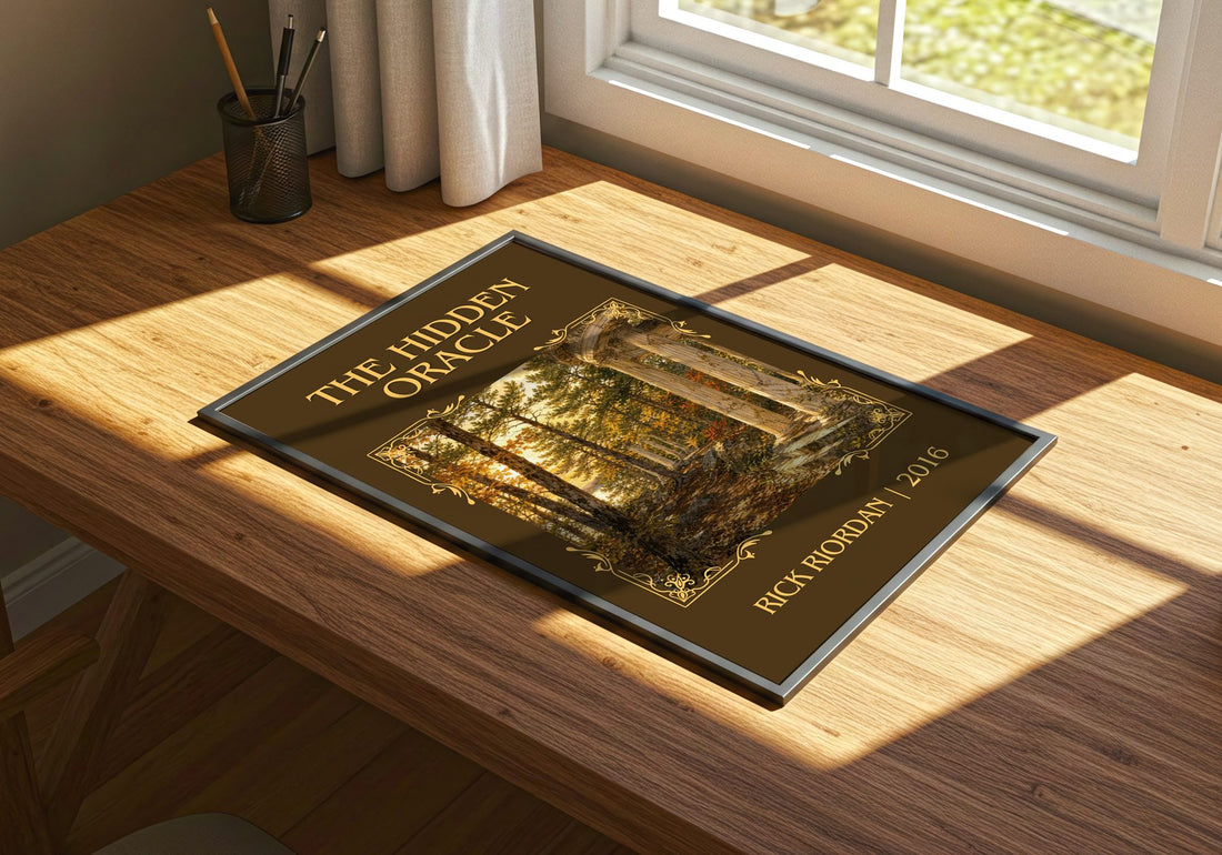 The Hidden Oracle Classic Book Art Print by Rick Riordan – print on a sunlit desk