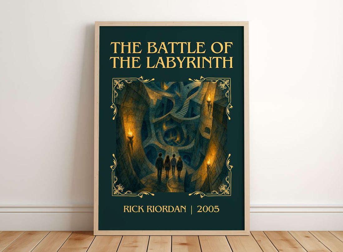 The Battle of the Labyrinth Classic Book Art Print by Rick Riordan – framed print leaning on a wooden floor