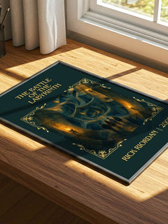 The Battle of the Labyrinth Classic Book Art Print by Rick Riordan – print on a sunlit desk