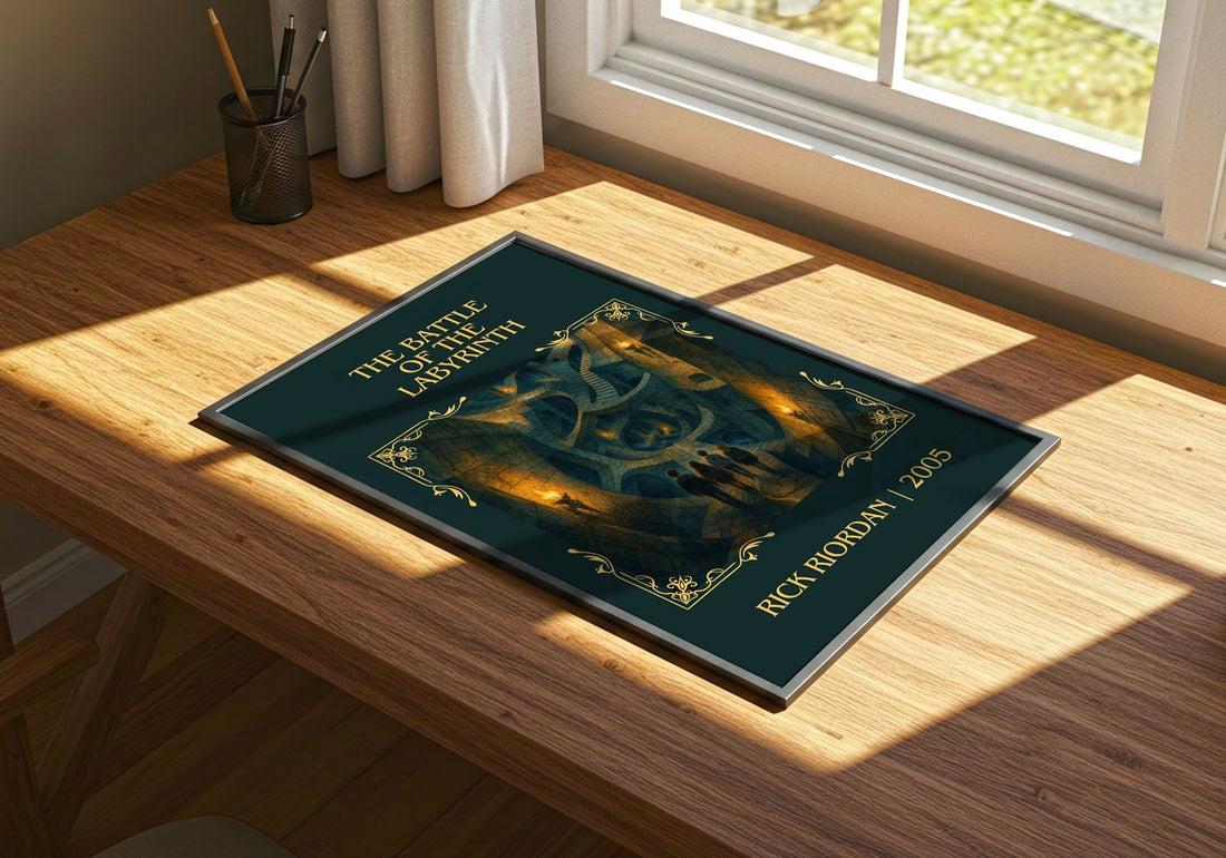 The Battle of the Labyrinth Classic Book Art Print by Rick Riordan – print on a sunlit desk