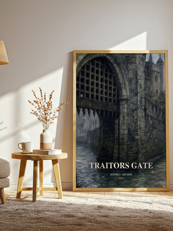 Traitors Gate watercolour print in frame leaning in hallway – thriller wall art