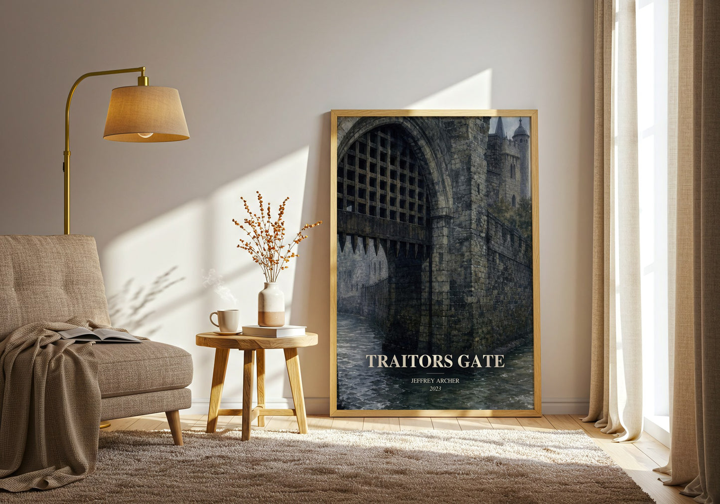 Traitors Gate watercolour print in frame leaning in hallway – thriller wall art