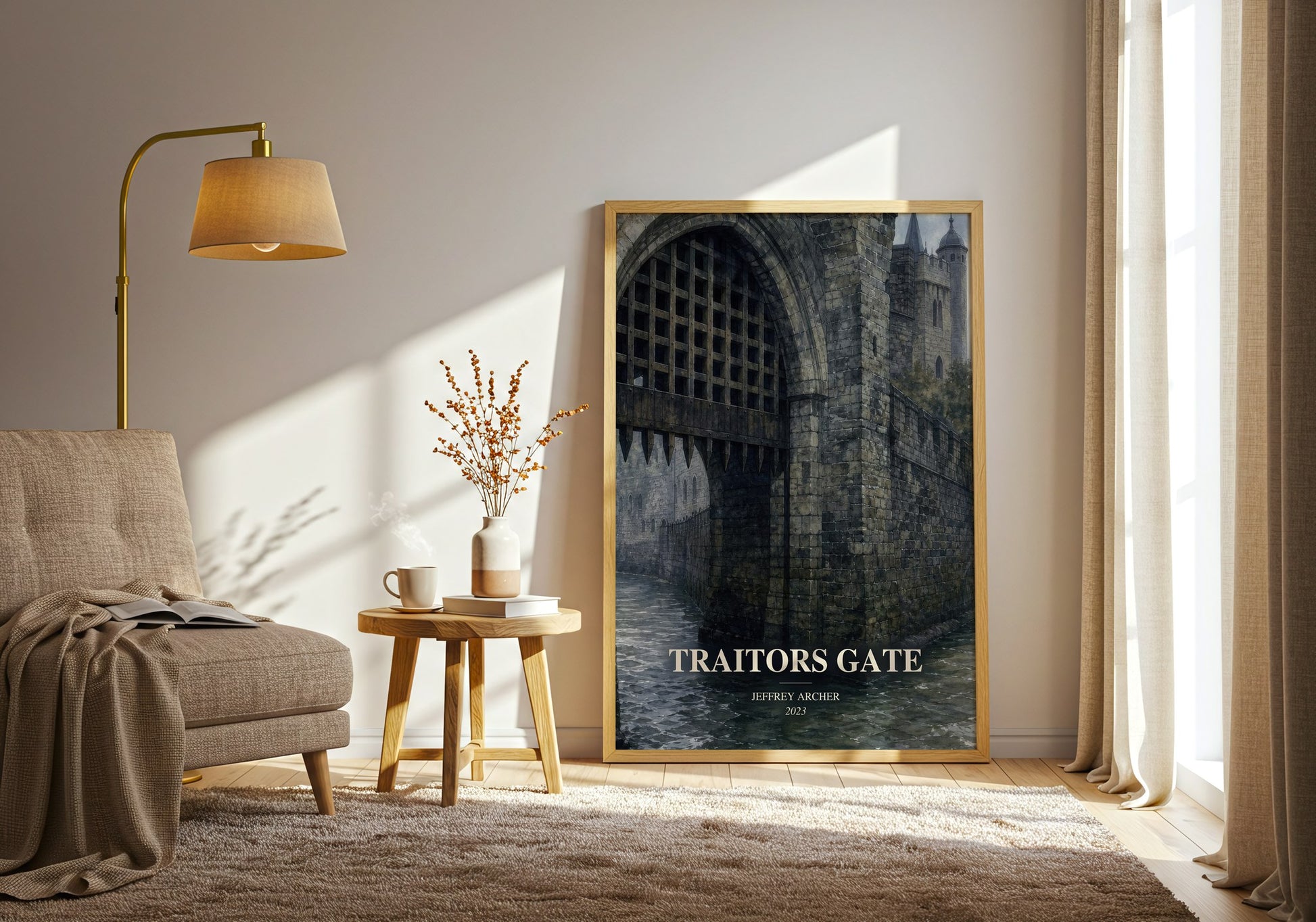 Traitors Gate watercolour print in frame leaning in hallway – thriller wall art