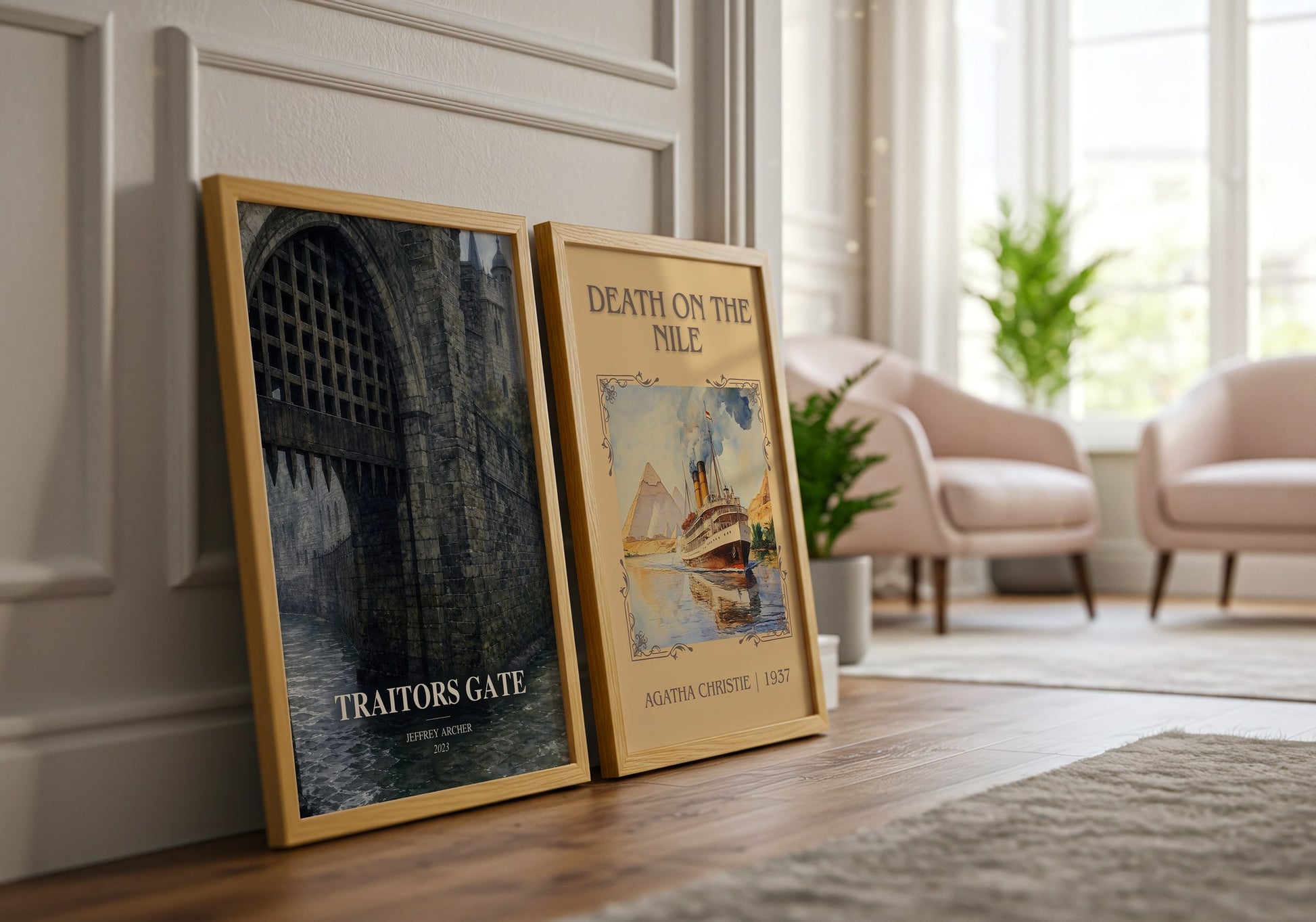 Traitors Gate watercolour print framed by window – literary home decor