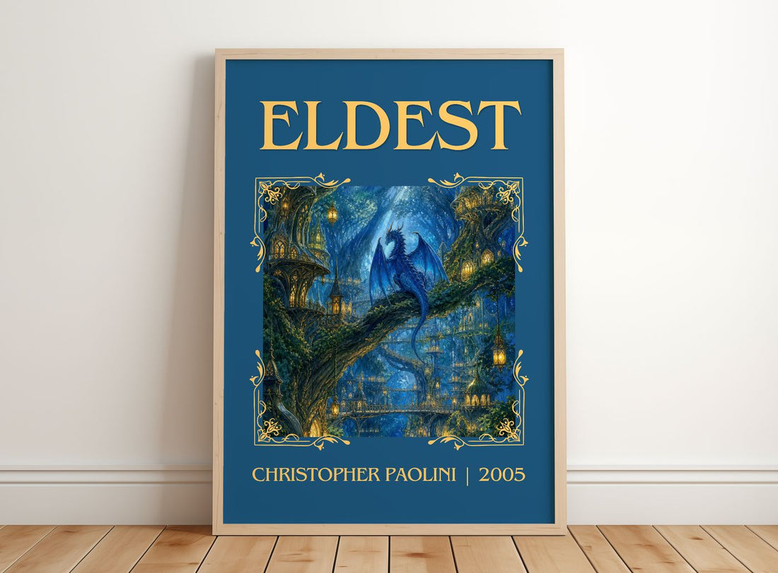 Eldest Classic Book Art Print by Christopher Paolini – framed print leaning on a wooden floor
