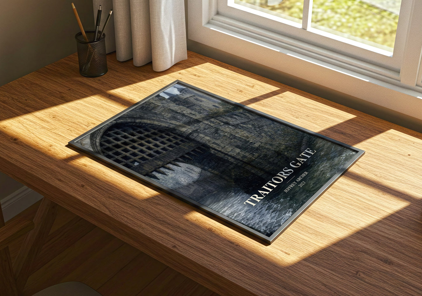 Traitors Gate watercolour book poster framed on wall – thriller wall art