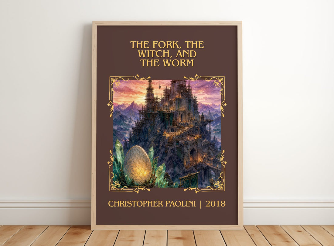 Fork, the Witch, and the Worm Classic Book Art Print by C. Paolini – framed print leaning on a wooden floor