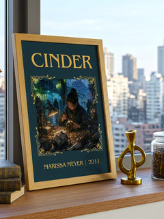 Cinder Classic Book Art Print by Marissa Meyer – framed print on a city-view windowsill