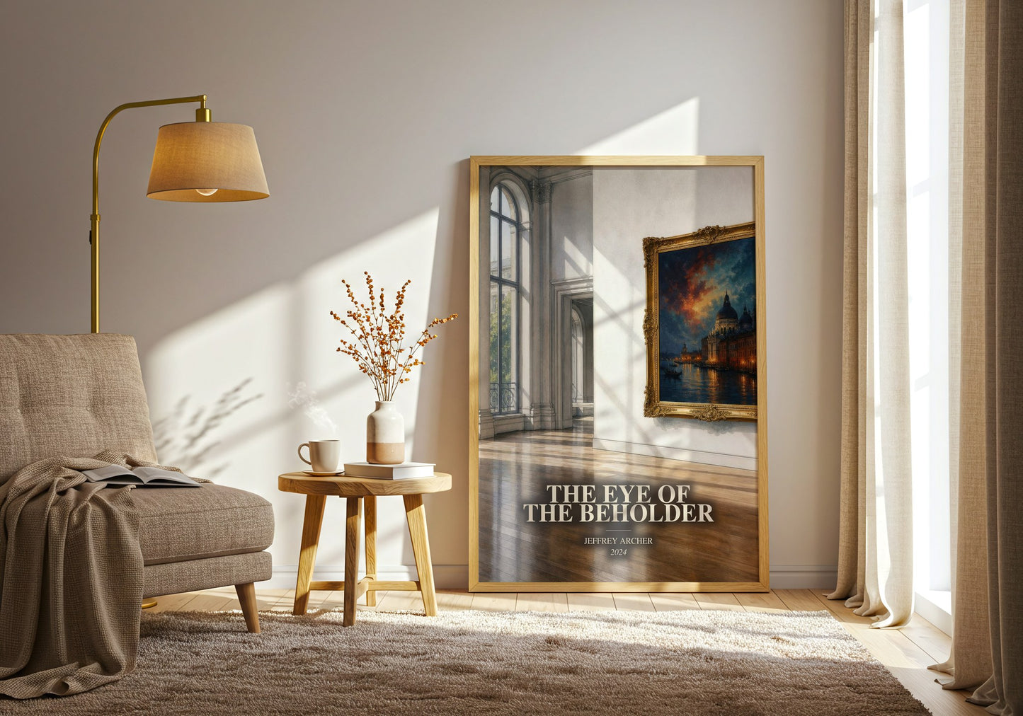 The Eye Of The Beholder watercolour print in frame leaning in hallway – mystery wall art