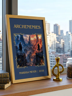 Archenemies Classic Book Art Print by Marissa Meyer – framed print on a city-view windowsill